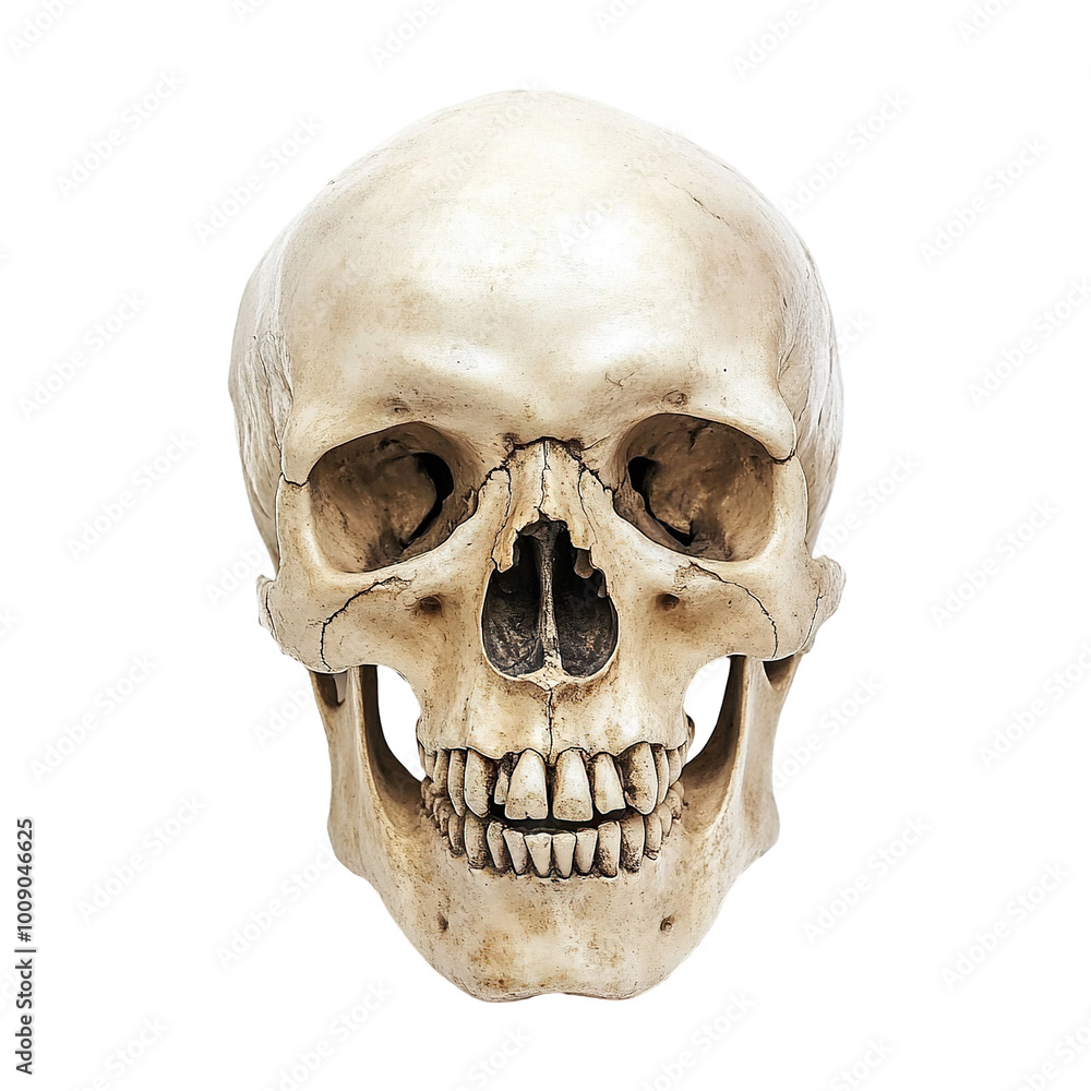 Obraz premium Front view of a vintage human skull, isolated on transparent cutout background