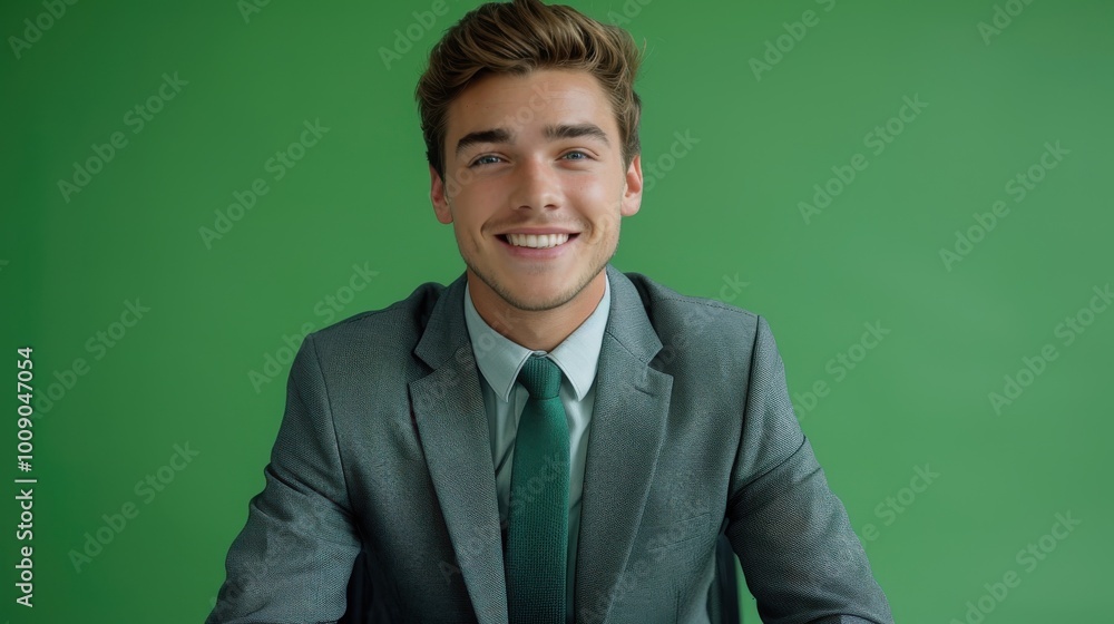 Captivating image of a smiling young man in a grey suit, exuding confidence against a versatile green screen background, ready for multimedia use. a green screen background.