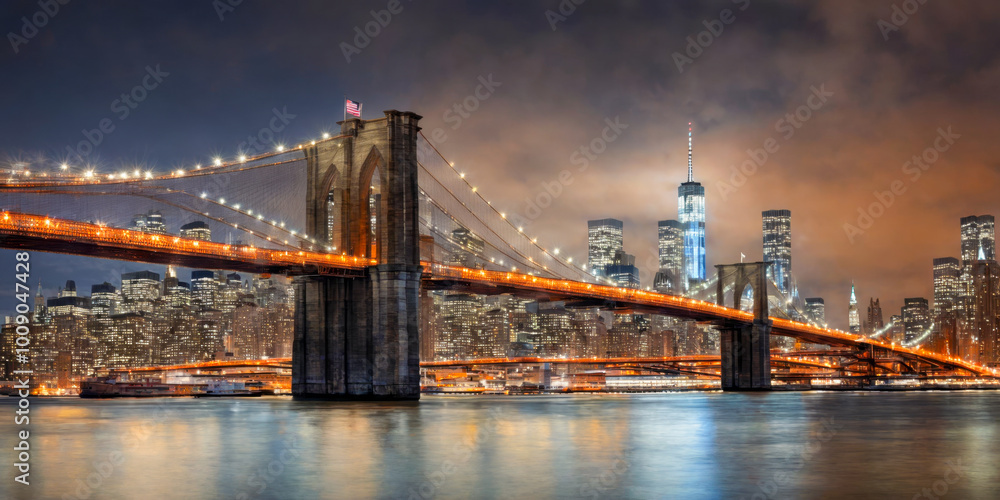 Obraz premium Brooklyn Bridge and New York City Skyline at Night.