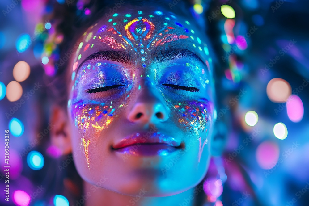 Blissful expression in a neon-lit rave scene with vibrant face paint Blissful expression in a neon-lit rave scene with vibrant face paint