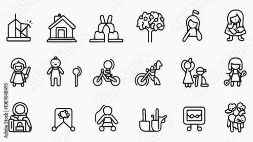 Set of outline icons related to kids. Linear icon collection. Editable stroke. Vector 