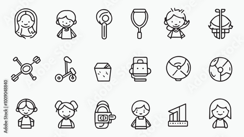 Set of outline icons related to kids. Linear icon collection. Editable stroke. Vector 