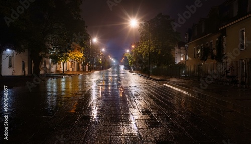 Empty street at night, wet from rain