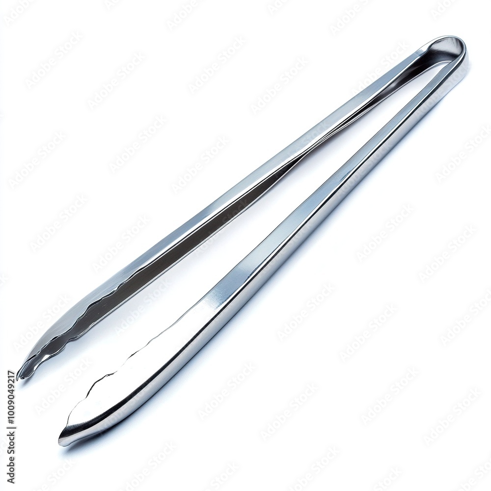 A pair of stainless steel kitchen tongs, used for gripping and serving food items. A pair of stainless steel kitchen tongs, used for gripping and serving food items.