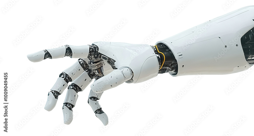 Futuristic white robotic hand in a gesture, isolated on transparent cutout background Futuristic white robotic hand in a gesture, isolated on transparent cutout background