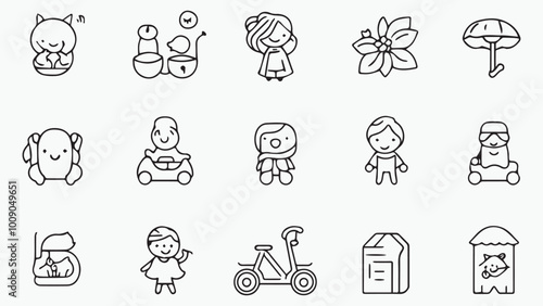 Set of outline icons related to kids. Linear icon collection. Editable stroke. Vector 