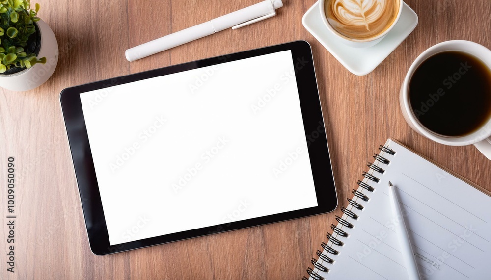 Tablet on a wooden desk Tablet on a wooden desk
