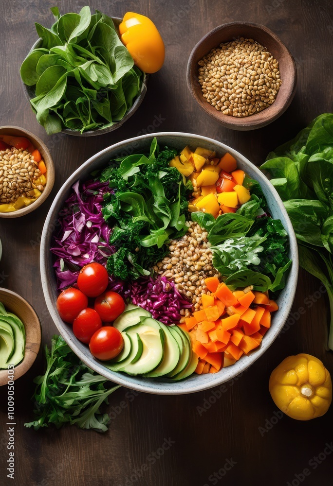 colorful bowl filled fresh ingredients health conscious meal prep showcasing variety vegetables greens, avocado, beans, beets, berries, bowls, cabage, carrots colorful bowl filled fresh ingredients health conscious meal prep showcasing variety vegetables greens, avocado, beans, beets, berries, bowls, cabage, carrots