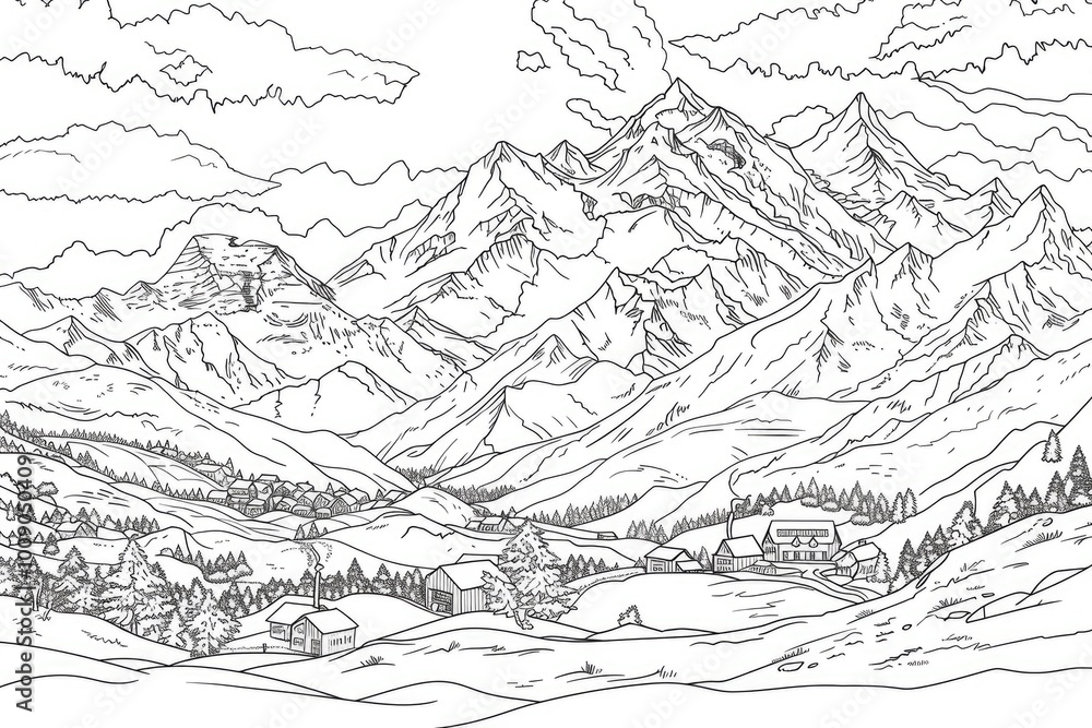 Coloring book illustration of a snow covered mountain range under a partly cloudy sky with a small town in the foreground Coloring book illustration of a snow covered mountain range under a partly cloudy sky with a small town in the foreground