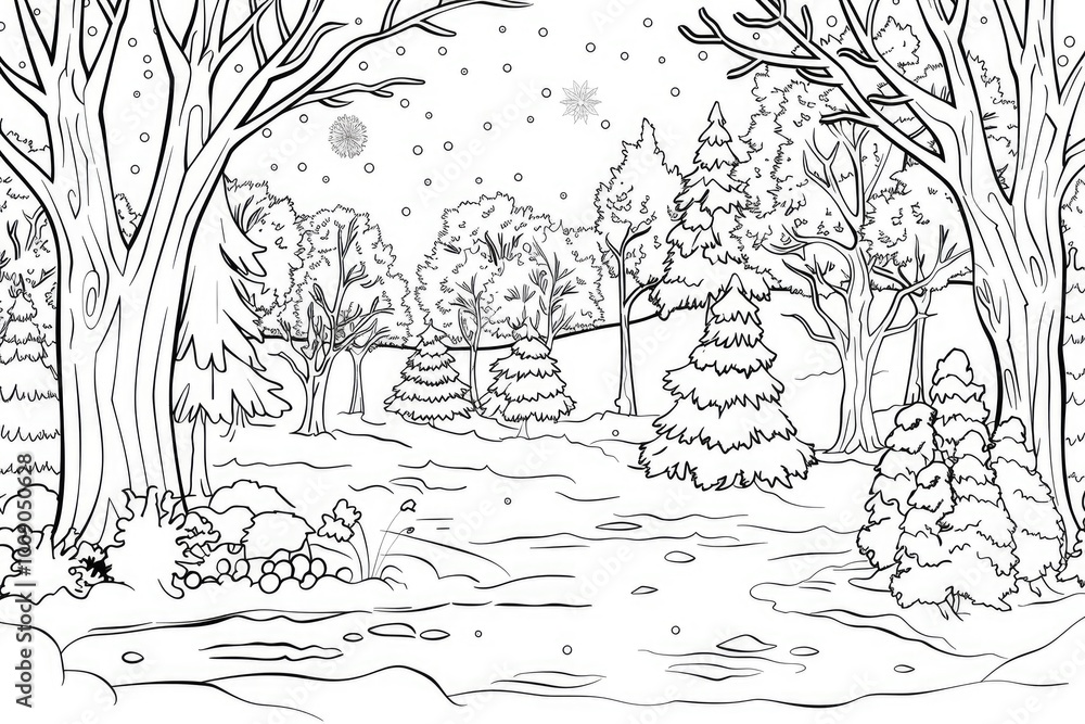 Obraz premium Coloring book illustration of a snowy park scene with trees for winter walking enjoyment