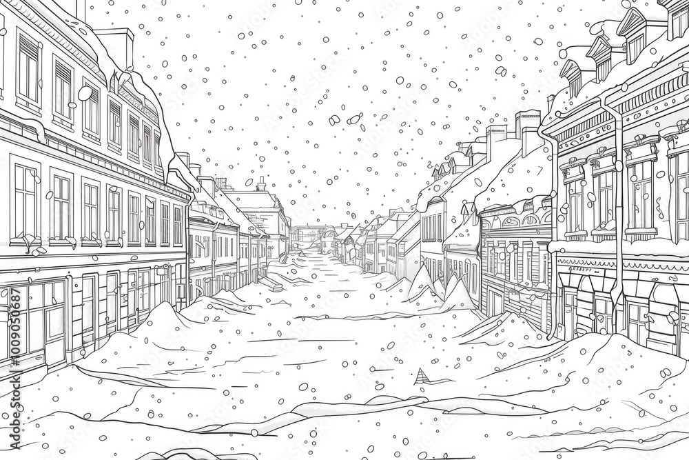 Obraz premium Coloring book illustration of a snowy winter scene depicting empty streets and building rooftops covered in snow during a blizzard