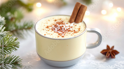 Eggnog Christmas Creamy Cocktail with Cinnamon Sticks in a Mug, Decorated with Fir Branch on White Elegant Table, Homemade Egg Nog. photo