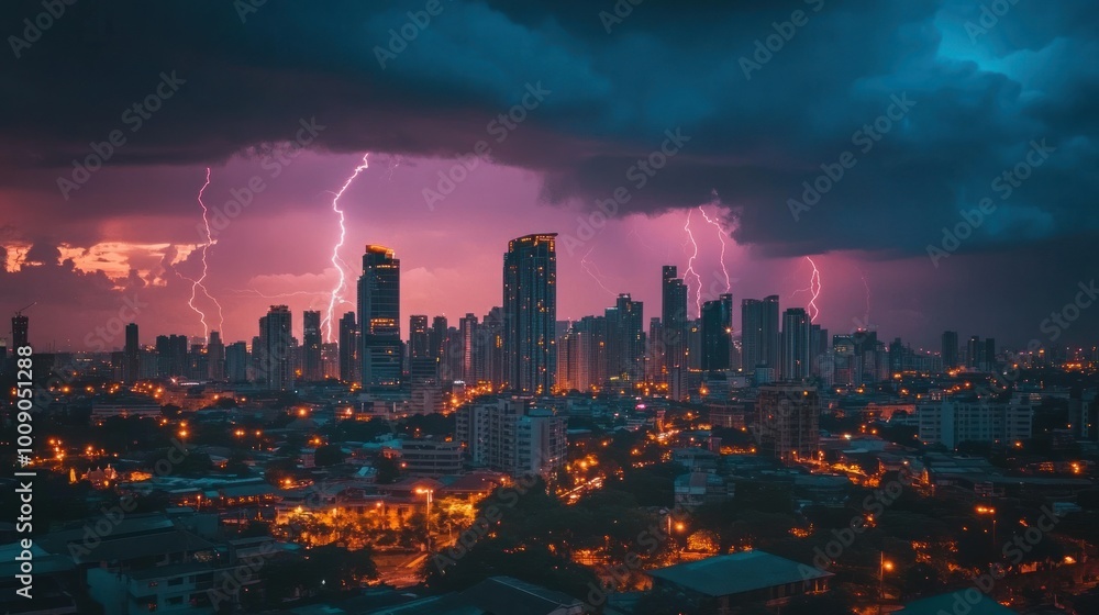 Fototapeta premium Lightning Strikes Over a Cityscape at Night