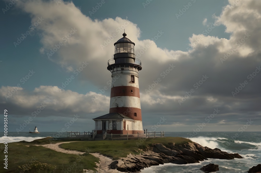 Naklejka premium Historic 1900s Rendering of an Old Lighthouse: A Timeless Illustration Capturing Vintage Maritime Architecture and Coastal Charm