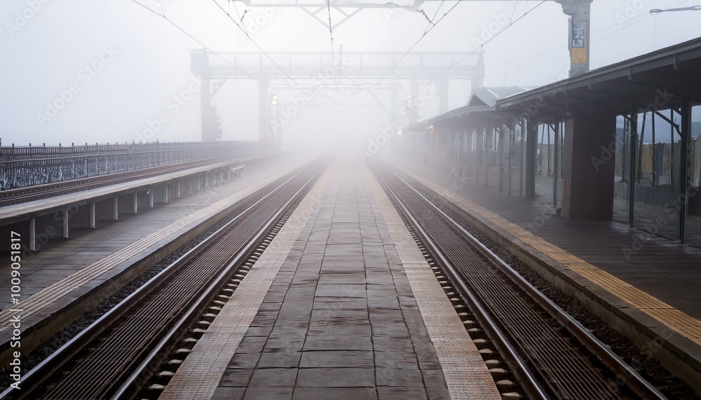 Empty train tracks on a foggy day Empty train tracks on a foggy day