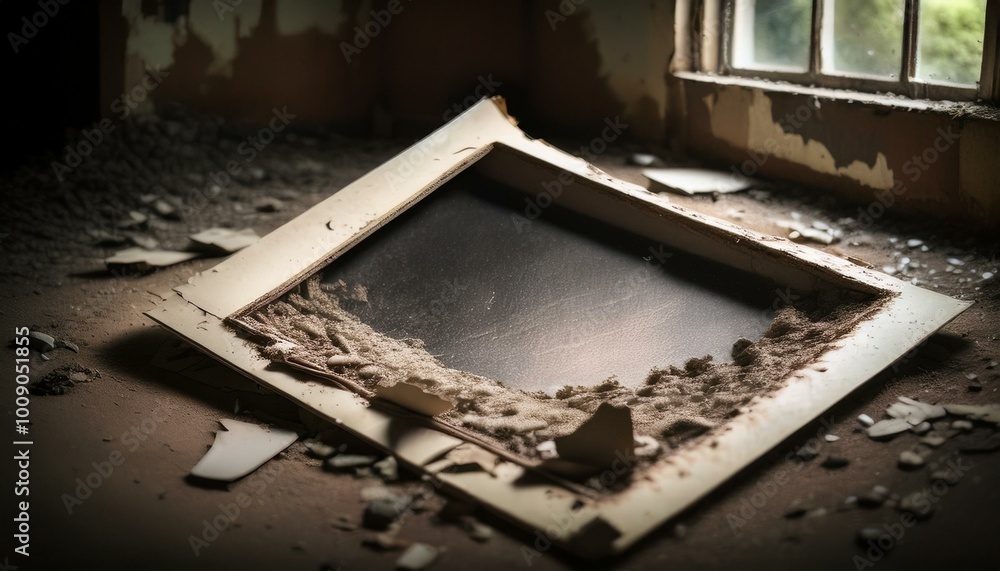 Broken window frame in a dusty room. Broken window frame in a dusty room.