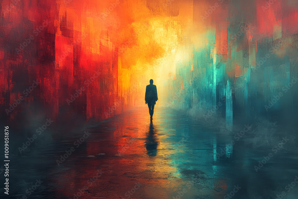 Fototapeta premium A solitary figure walking away down a long, empty corridor, floating on a pastel surface,