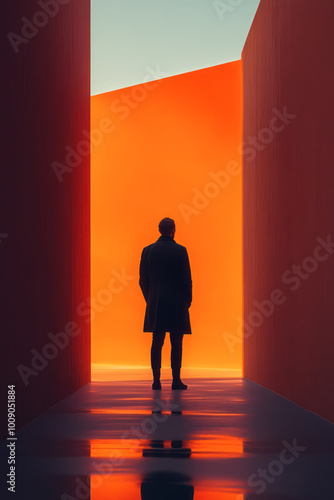 A personâ€™s reflection in a mirror, standing alone in a bare room, isolated on a pastel backdrop,