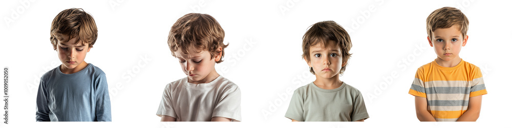 A kid looking down with a distant gaze, hands loosely at their sides, and a soft, sorrowful look. isolated on transparency background A kid looking down with a distant gaze, hands loosely at their sides, and a soft, sorrowful look. isolated on transparency background