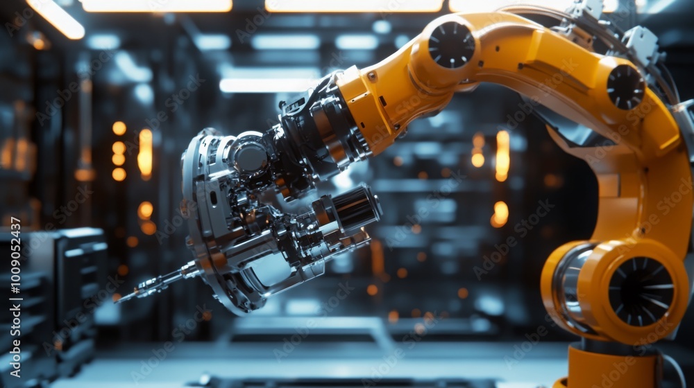 Advanced robotic arm performing precise assembly in a high-tech lab Advanced robotic arm performing precise assembly in a high-tech lab