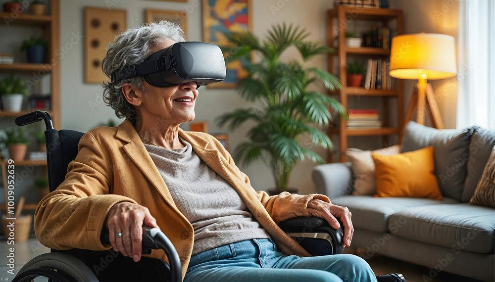 Old woman in wheelchair smiling and playing games on virtual reality headset googles, augmented reality glasses, disability concept