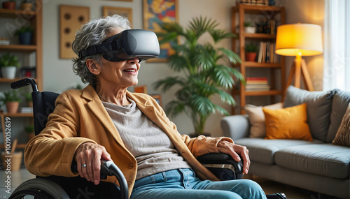 Obraz na płótnie Old woman in wheelchair smiling and playing games on virtual reality headset googles, augmented reality glasses, disability concept w salonie