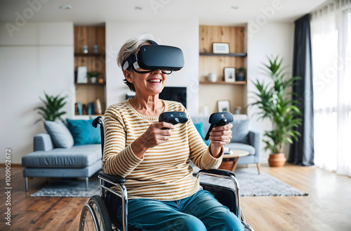 Obraz na płótnie Old woman in wheelchair smiling and playing games on virtual reality headset googles, augmented reality glasses, disability concept w salonie