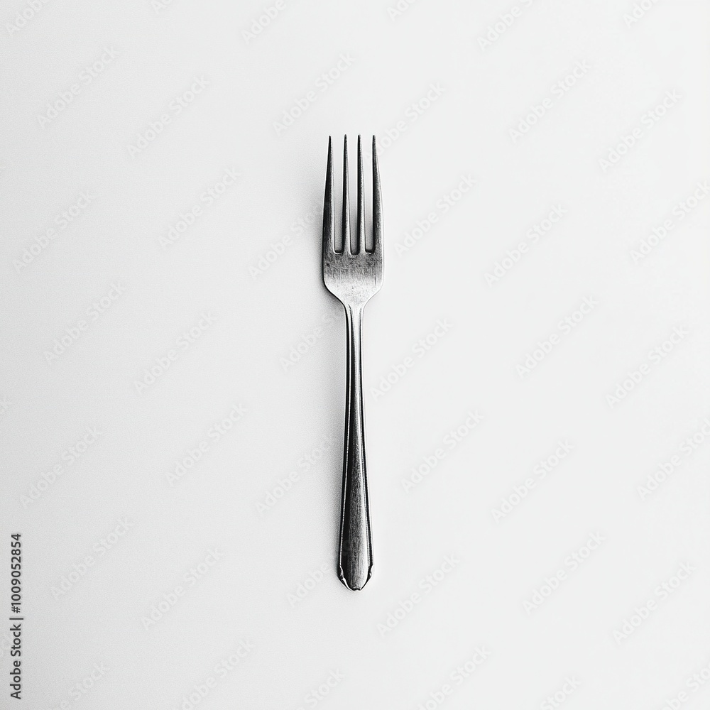 A simple silver fork placed on a plain white background, emphasizing its design and function. A simple silver fork placed on a plain white background, emphasizing its design and function.