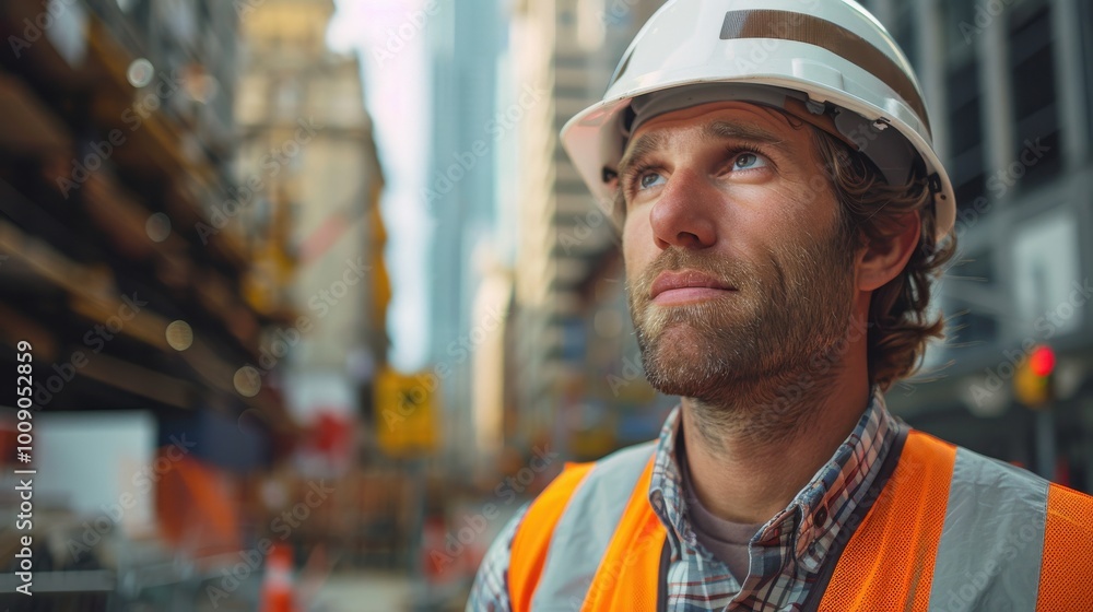 Male engineer worker in hard hat and safety vest standing on a bustling construction site, analyzing progress with a partially constructed building in the background. Male engineer worker in hard hat and safety vest standing on a bustling construction site, analyzing progress with a partially constructed building in the background.