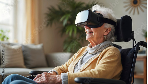 Obraz na płótnie Old woman in wheelchair smiling and playing games on virtual reality headset googles, augmented reality glasses, disability concept w salonie