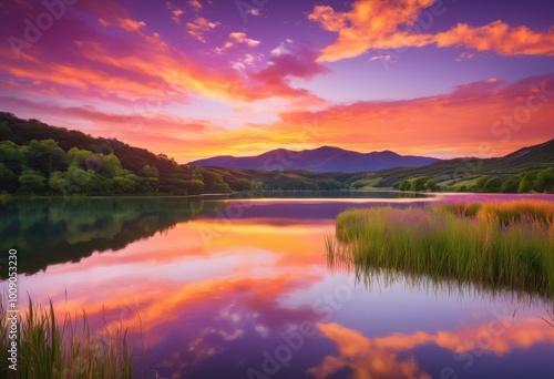 vibrant landscape shimmering lake reflecting warm hues breath taking sunset, reflection, sky, water, nature, beauty, hills, illumination, scenery