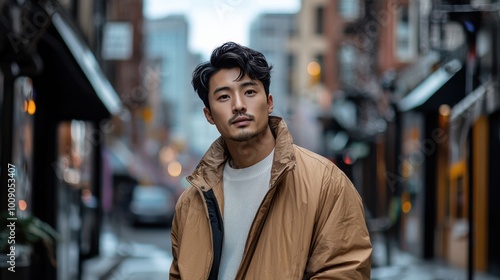 Man in Tan Coat with Urban Background