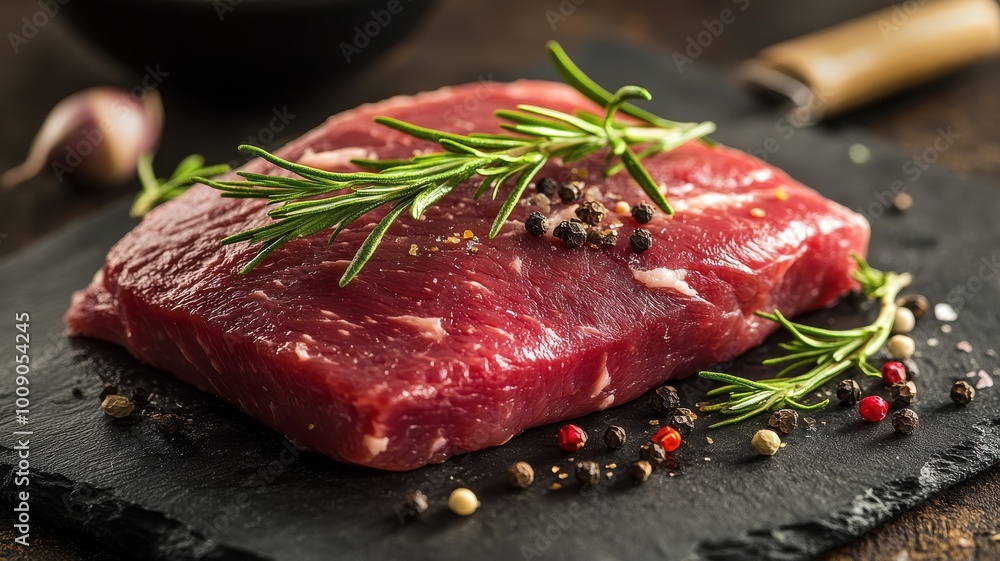 A slab of meat with rosemary and pepper on top A slab of meat with rosemary and pepper on top