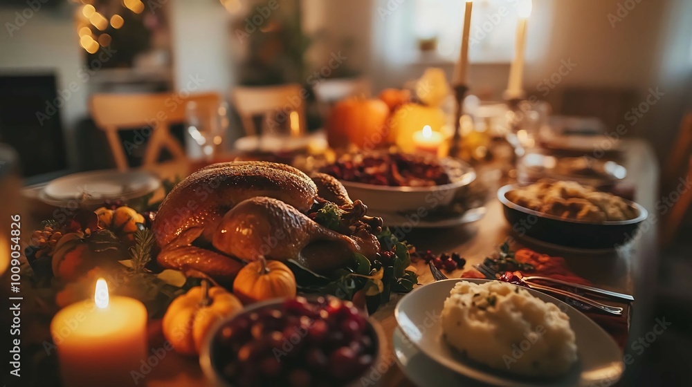A table is set for Thanksgiving dinner, featuring a roasted turkey, mashed potatoes, and other side dishes. Candlelight illuminates the scene.
A table is set for Thanksgiving dinner, featuring a roasted turkey, mashed potatoes, and other side dishes. Candlelight illuminates the scene.