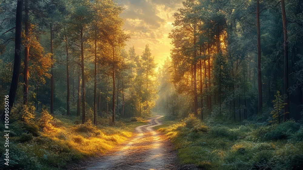 Obraz premium lonely road winding through a dense forest bathed in soft morning light inviting exploration amidst towering trees and a serene atmosphere