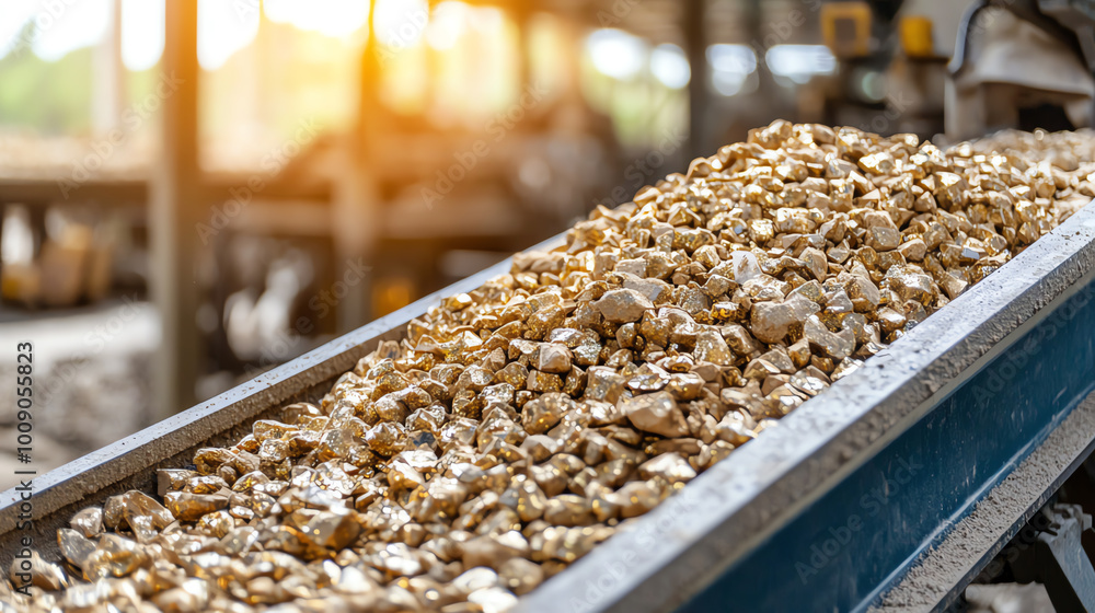 Gold ore conveyor belt with shining rocks under warm sunlight, soft focus background. Gold ore conveyor belt with shining rocks under warm sunlight, soft focus background.