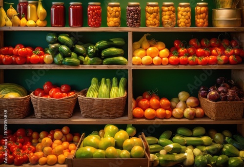 vibrant organized display fresh produce canned goods colorful shelves, vegetables, fruits, jars, beans, peas, bottles, sauces, snacks, herbs, grains, pasta