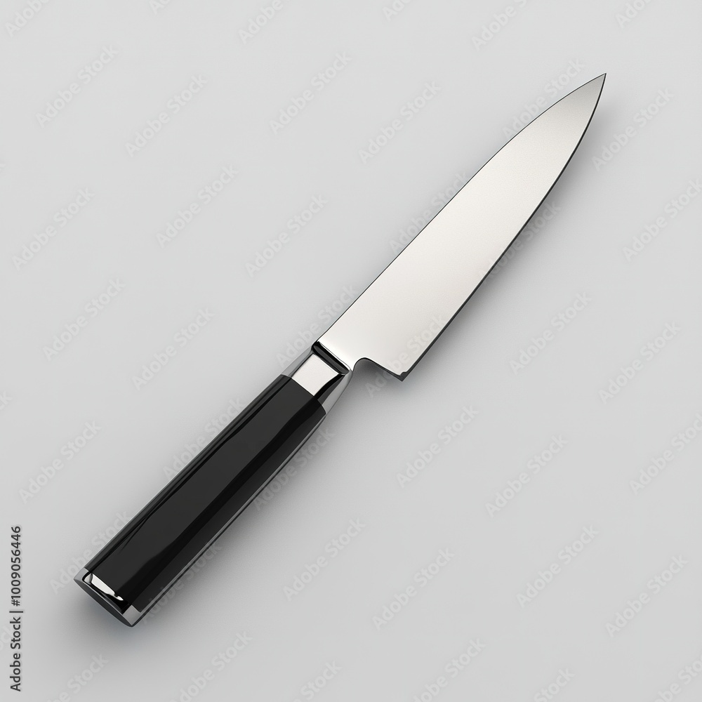 A sleek kitchen knife with a polished blade and a black handle, ideal for food preparation. A sleek kitchen knife with a polished blade and a black handle, ideal for food preparation.