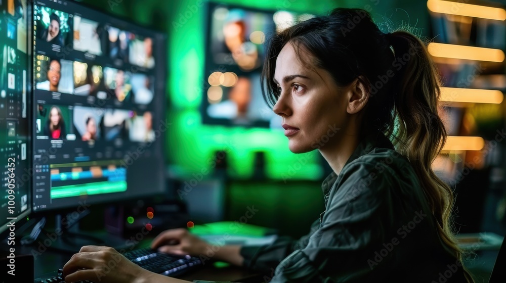Woman intensely focused on her computer work, with the display showing a green screen and mockup template. The image captures the workspace and offers copy space. a green screen background. Woman intensely focused on her computer work, with the display showing a green screen and mockup template. The image captures the workspace and offers copy space. a green screen background.