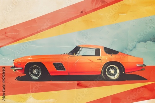 Retro collage of sports car transportation automobile painting.