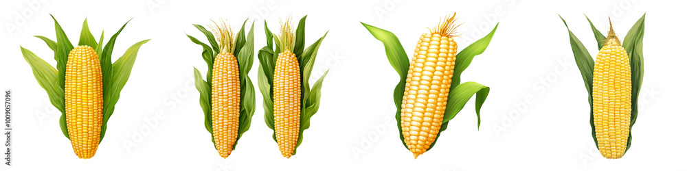 Obraz premium The image features five ears of corn arranged in a row against a black background, highlighting their vibrant yellow kernels and green husks.