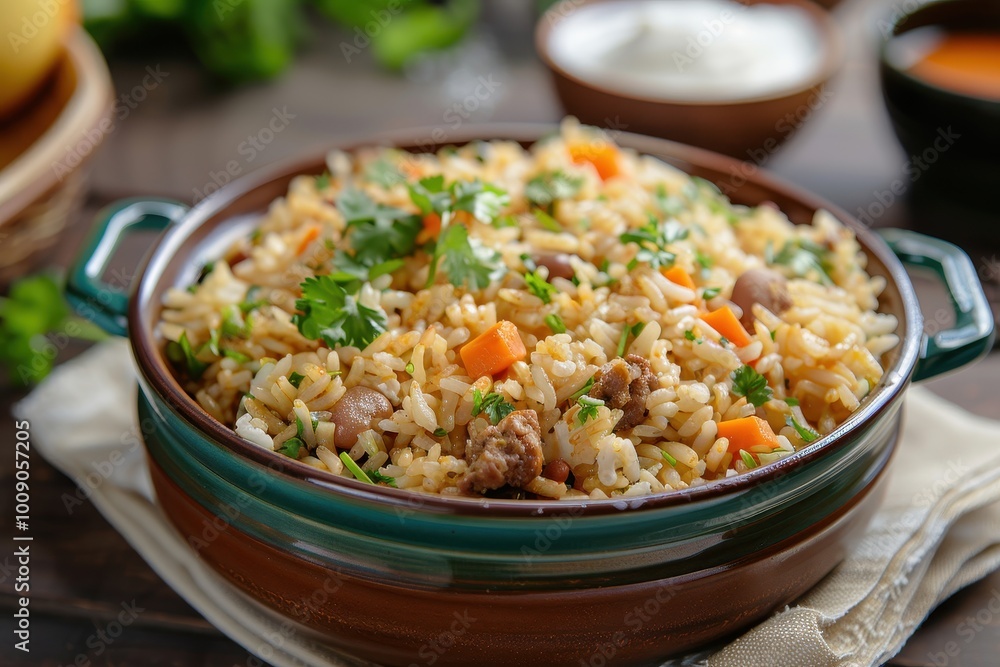 A colorful dish of baio de dois, a traditional rice and beans dish with chunks of cheese and herbs, garnished with fresh cilantro. A colorful dish of baio de dois, a traditional rice and beans dish with chunks of cheese and herbs, garnished with fresh cilantro.