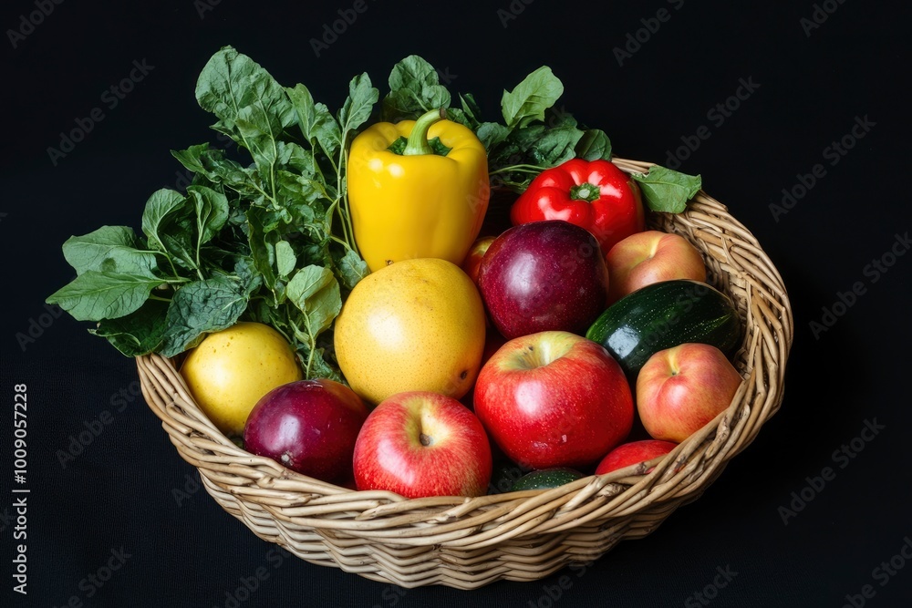 Fresh organic fruits and vegetables in wicker basket - generative ai Fresh organic fruits and vegetables in wicker basket - generative ai