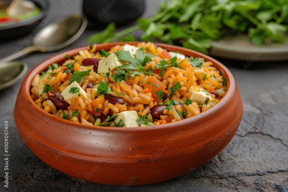 A colorful dish of baio de dois, a traditional rice and beans dish with chunks of cheese and herbs, garnished with fresh cilantro. A colorful dish of baio de dois, a traditional rice and beans dish with chunks of cheese and herbs, garnished with fresh cilantro.