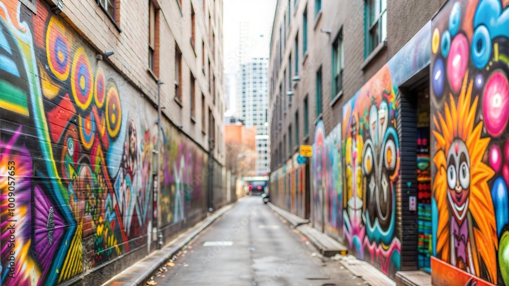 Naklejka premium Urban Graffiti Alley with Colorful Murals, Street Art, and Spray Cans