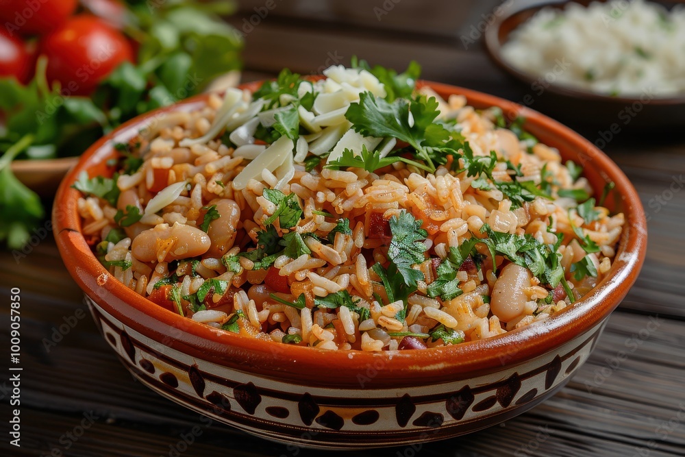 A colorful dish of baio de dois, a traditional rice and beans dish with chunks of cheese and herbs, garnished with fresh cilantro. A colorful dish of baio de dois, a traditional rice and beans dish with chunks of cheese and herbs, garnished with fresh cilantro.