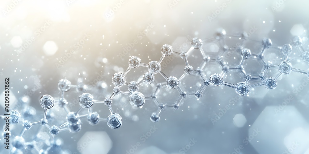 An abstract scientific background showcasing a molecular structure with hexagonal patterns. White glowing lines and floating particles create a futuristic technology concept in digital art. An abstract scientific background showcasing a molecular structure with hexagonal patterns. White glowing lines and floating particles create a futuristic technology concept in digital art.