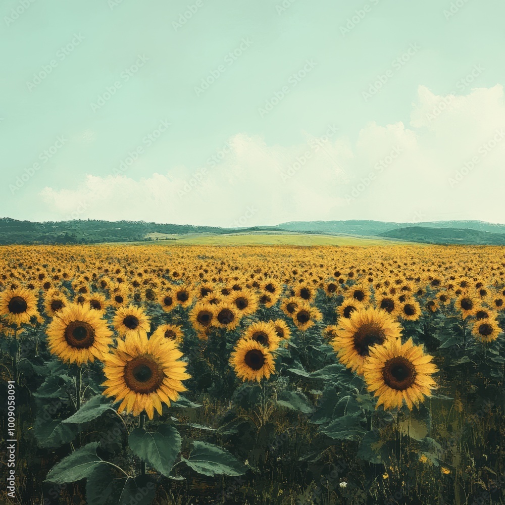 Obraz premium A vibrant field of sunflowers under a clear blue sky, showcasing nature's beauty and the joy of sunny days.