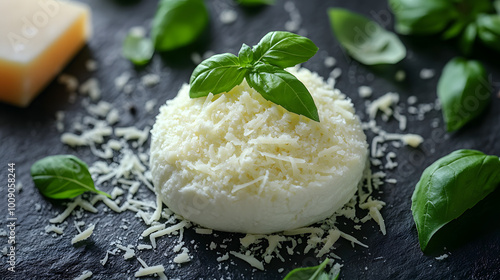 A Top View Photo of Freshly Grated Cheese on a Dark Background, Showcasing the Fine Texture and Rich Color of This Culinary Delight, Perfect for Enhancing Dishes, Providing a Gourmet Touch, and Inspir