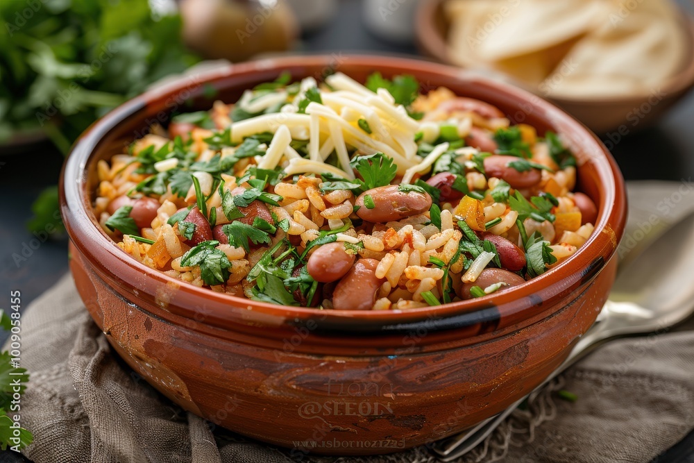 A colorful dish of baio de dois, a traditional rice and beans dish with chunks of cheese and herbs, garnished with fresh cilantro. A colorful dish of baio de dois, a traditional rice and beans dish with chunks of cheese and herbs, garnished with fresh cilantro.